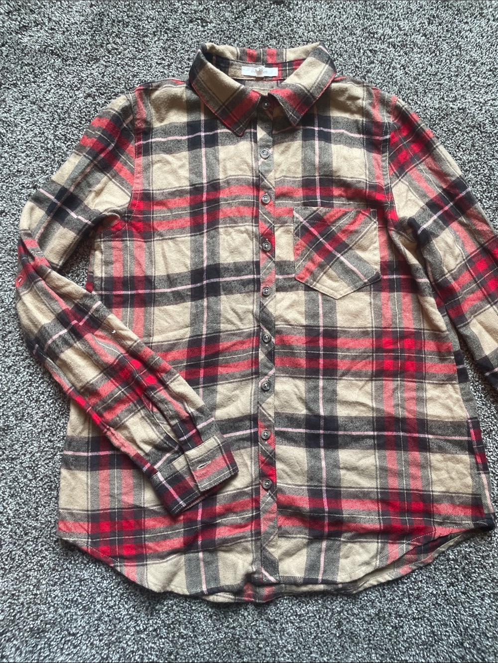 Maurices Red and Tan Plaid Button-Down Shirt